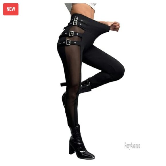 High Waisted Mesh Leggings with Buckle Detail - Punk Style - Picture 2 of 7